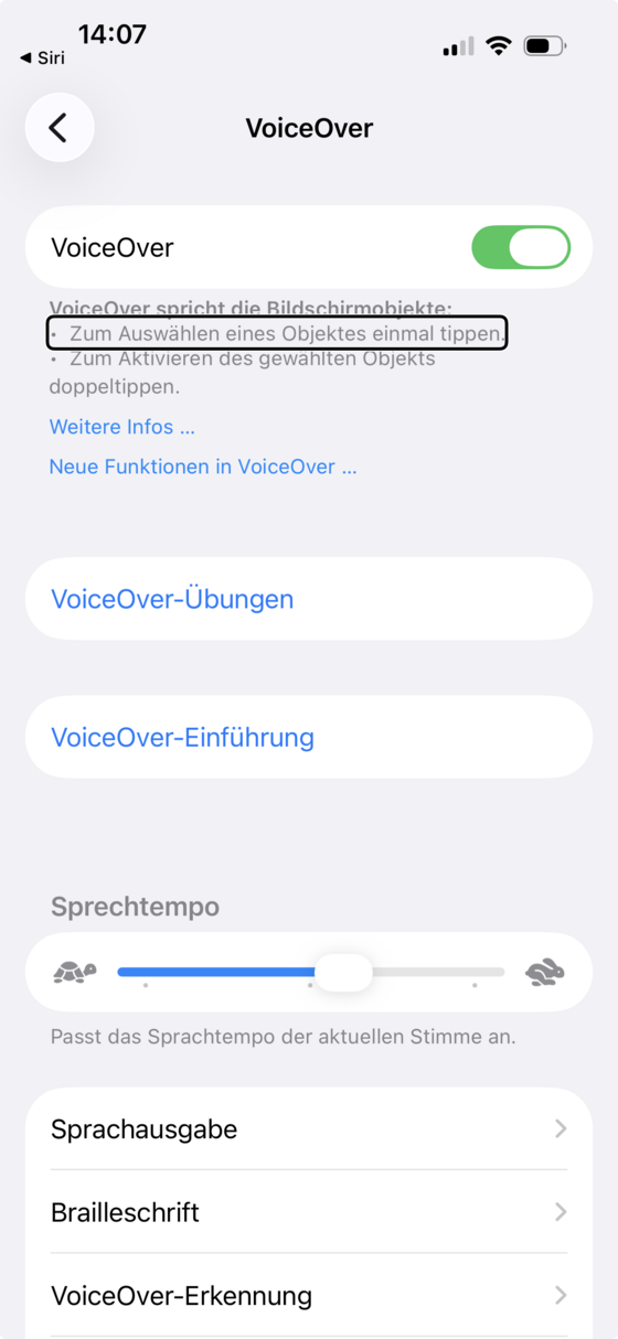 VoiceOver-Hauptbildschirm mit dem VoiceOver-Schalter, den Übungen, dem Sprechtempo-Regler und den Untermenüs.