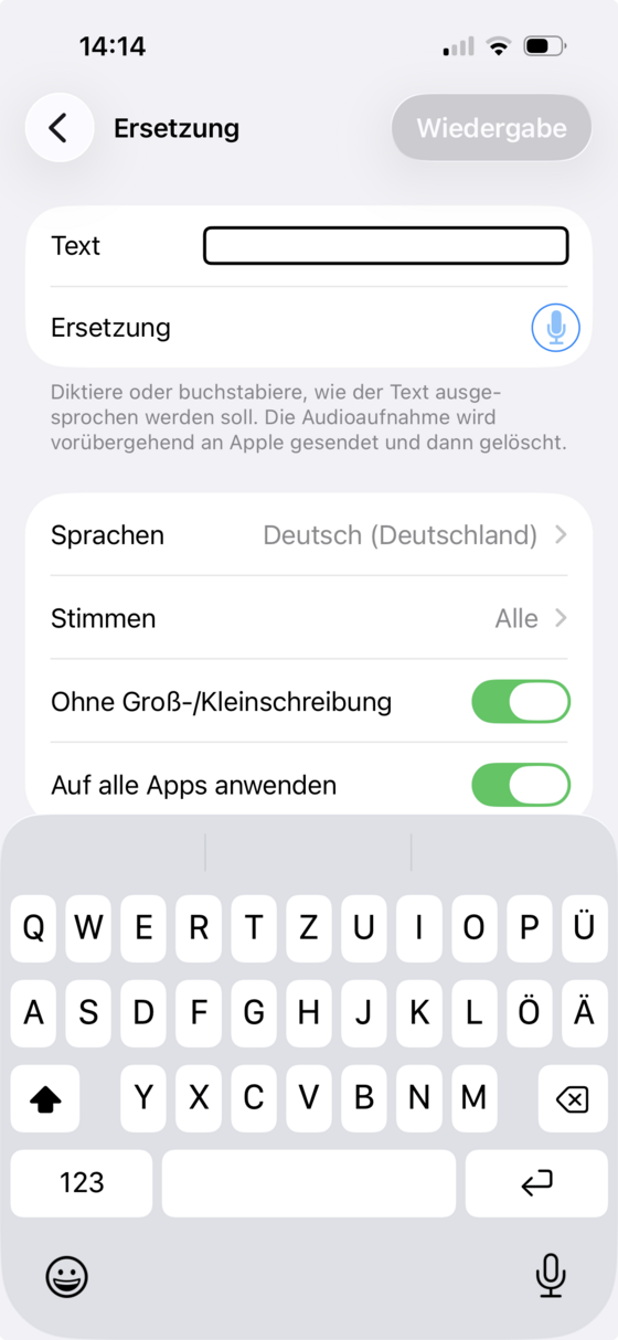 Bildschirm „Ersetzung“ mit den Feldern Text und Ersetzung sowie den Schaltern „Ohne Groß-/Kleinschreibung“ und „Auf alle Apps anwenden“.