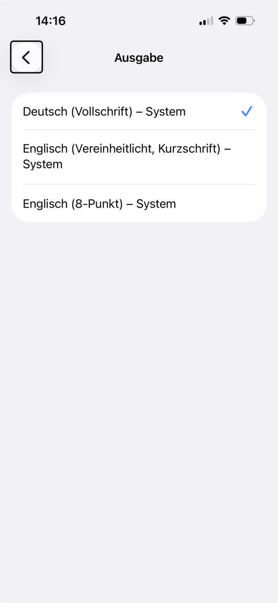 Bildschirm „Ausgabe“ mit einer Liste der Braille-Ausgabetabellen, „Deutsch (Vollschrift) – System“ ist ausgewählt.