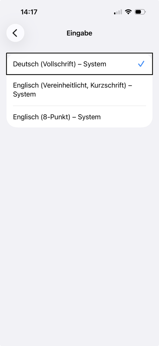 Bildschirm „Eingabe“ mit einer Liste der Braille-Eingabetabellen.