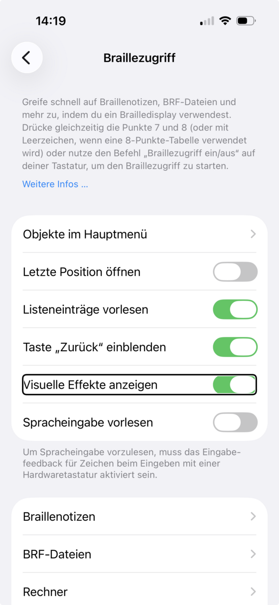 Bildschirm „Braillezugriff“ mit Erklärungstext und mehreren Schaltern sowie den Einträgen Braillenotizen, BRF-Dateien und Rechner.