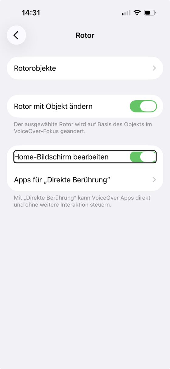 Bildschirm „Rotor“ mit Rotorobjekten und den Schaltern „Rotor mit Objekt ändern“ und „Home-Bildschirm bearbeiten“.