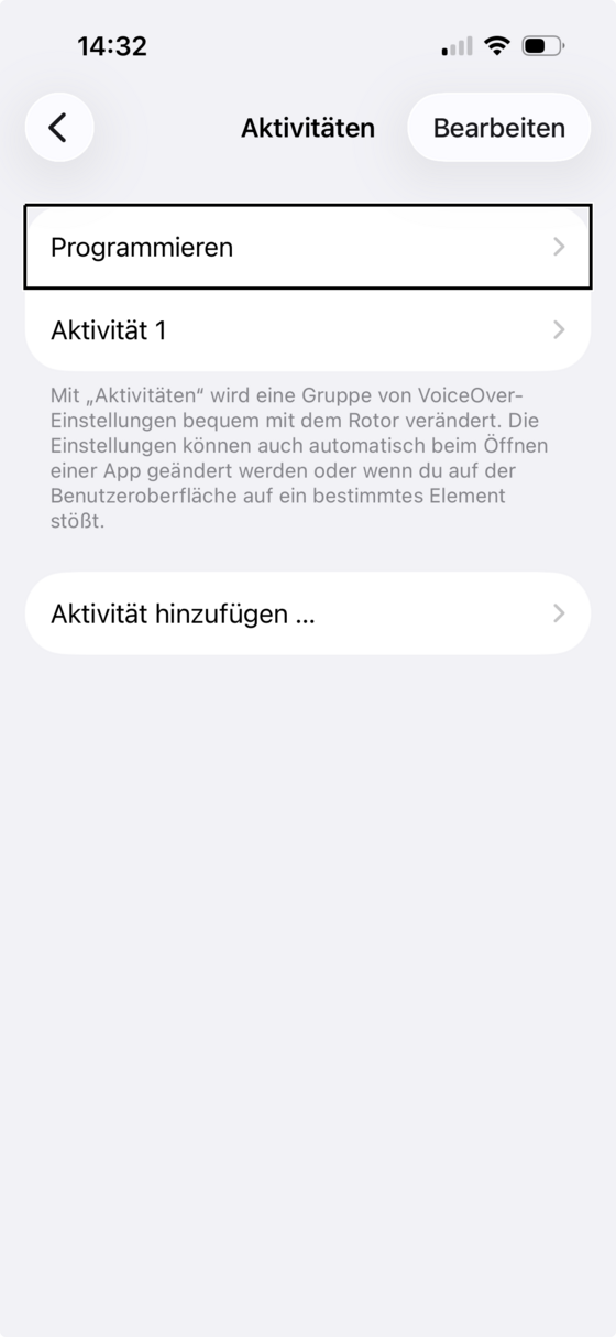 Bildschirm „Aktivitäten“ mit einer Aktivität „Programmieren“ und dem Eintrag „Aktivität hinzufügen“.