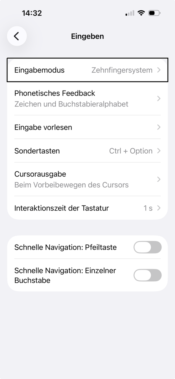 Bildschirm „Eingeben“ mit Eingabemodus, phonetischem Feedback, Sondertasten und den Schaltern zur schnellen Navigation.