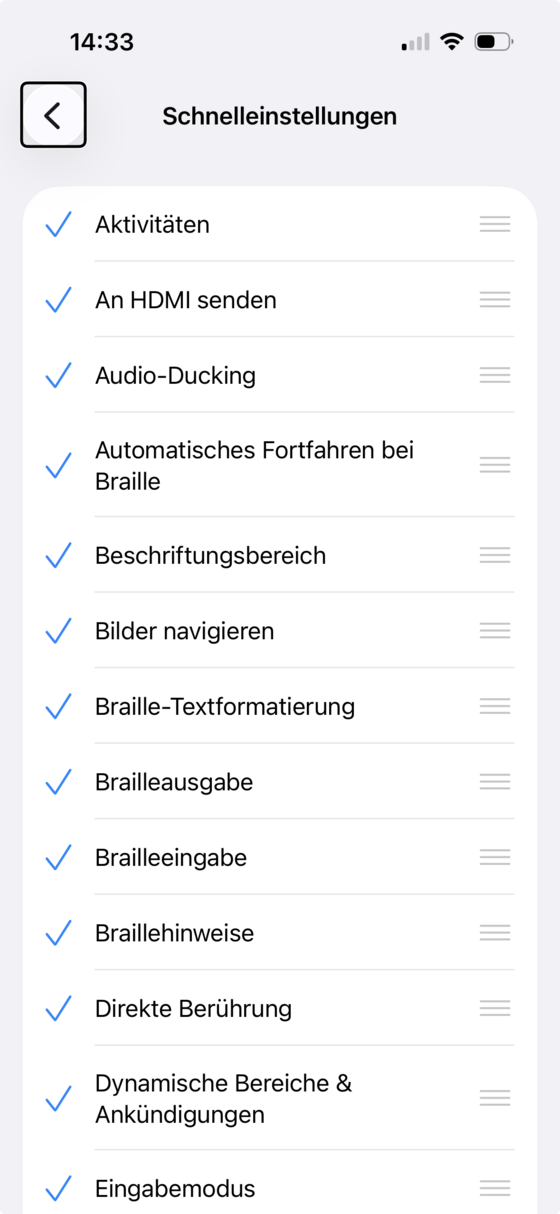 Bildschirm „Schnelleinstellungen“ mit einer Liste an VoiceOver-Optionen, die einzeln aktiviert werden können.