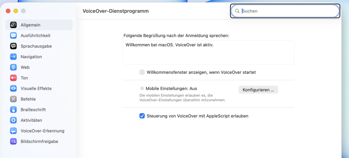 Reiter „Allgemein“ des VoiceOver-Dienstprogramms mit Begrüßungstext, Kontrollkästchen und dem Knopf „Konfigurieren“.