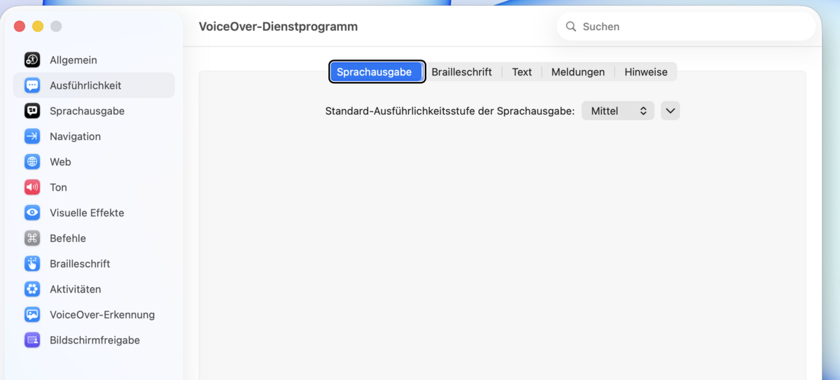 Unter-Reiter „Sprachausgabe“ mit dem Einblendmenü „Standard-Ausführlichkeitsstufe der Sprachausgabe“ auf „Mittel“.