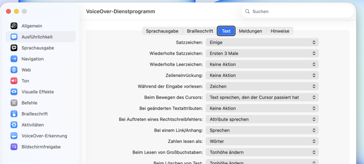 Unter-Reiter „Text“ mit vielen Einblendmenüs zur Aussprache von Satzzeichen, Cursor-Bewegung, Zahlen und Großbuchstaben.