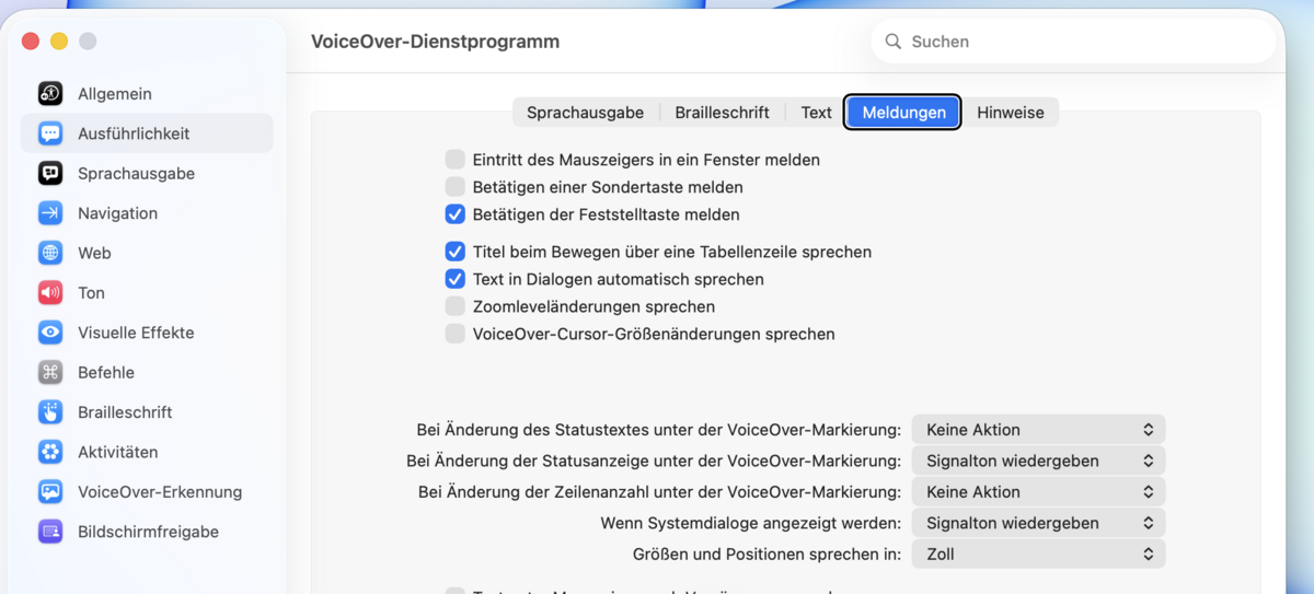 Unter-Reiter „Meldungen“ mit Kontrollkästchen für Ansagen und Einblendmenüs für Signaltöne.