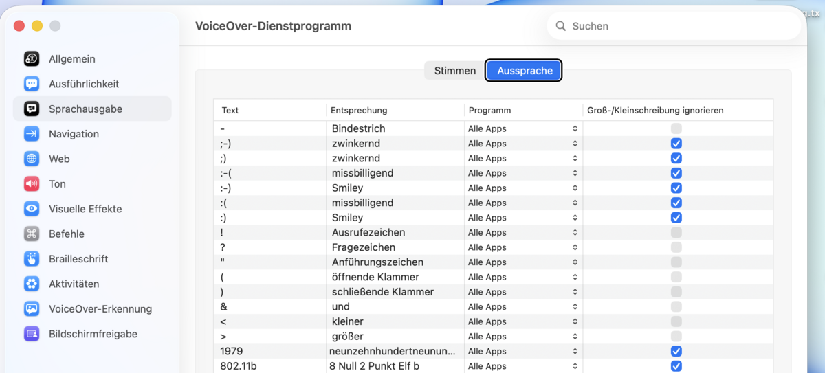 Unter-Reiter „Aussprache“ mit einer Tabelle aus Text, Entsprechung, Programm-Einblendmenü und Kontrollkästchen.