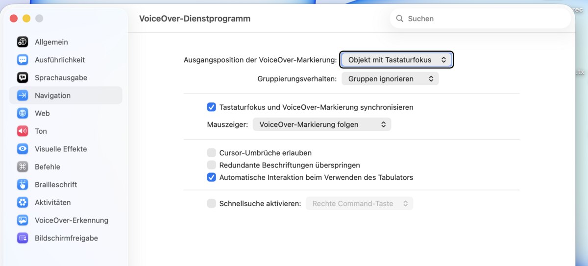 Reiter „Navigation“ mit Einblendmenüs zur Ausgangsposition der Markierung und mehreren Kontrollkästchen.
