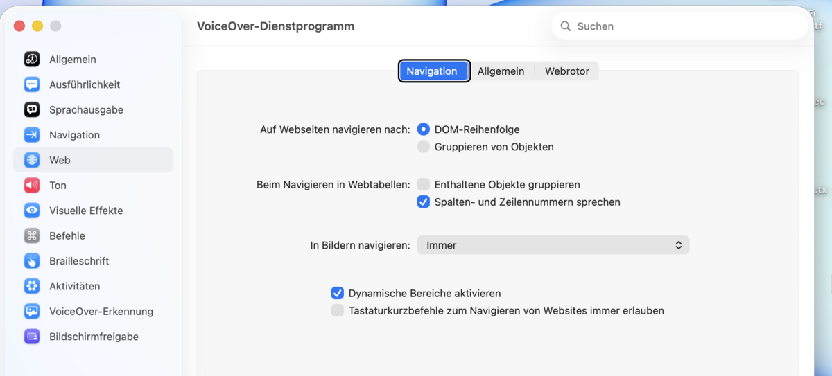 Web-Unter-Reiter „Navigation“ mit Auswahl der Navigationsreihenfolge und Kontrollkästchen.