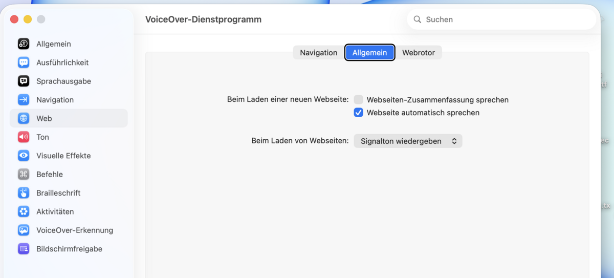 Web-Unter-Reiter „Allgemein“ mit Kontrollkästchen zum Vorlesen und einem Einblendmenü zum Ladeverhalten.