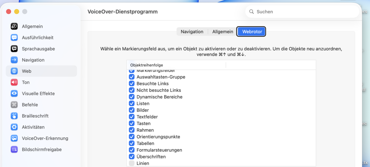 Web-Unter-Reiter „Webrotor“ mit einer Liste an Objekttypen, jeweils als Kontrollkästchen.