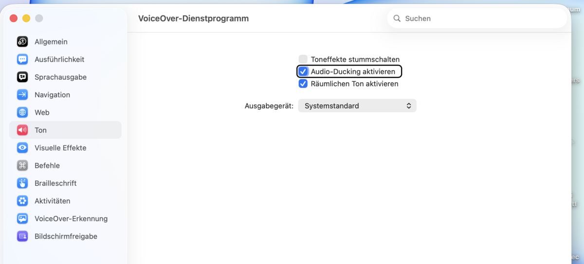 Reiter „Ton“ mit Kontrollkästchen für Toneffekte, Audio-Ducking und räumlichen Ton sowie dem Einblendmenü „Ausgabegerät“.