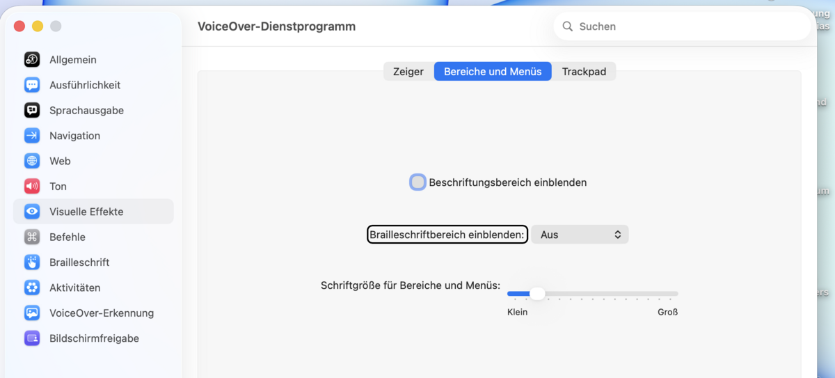 Visuelle-Effekte-Unter-Reiter „Bereiche und Menüs“ mit Kontrollkästchen, Einblendmenü und Schriftgrößen-Schieberegler.