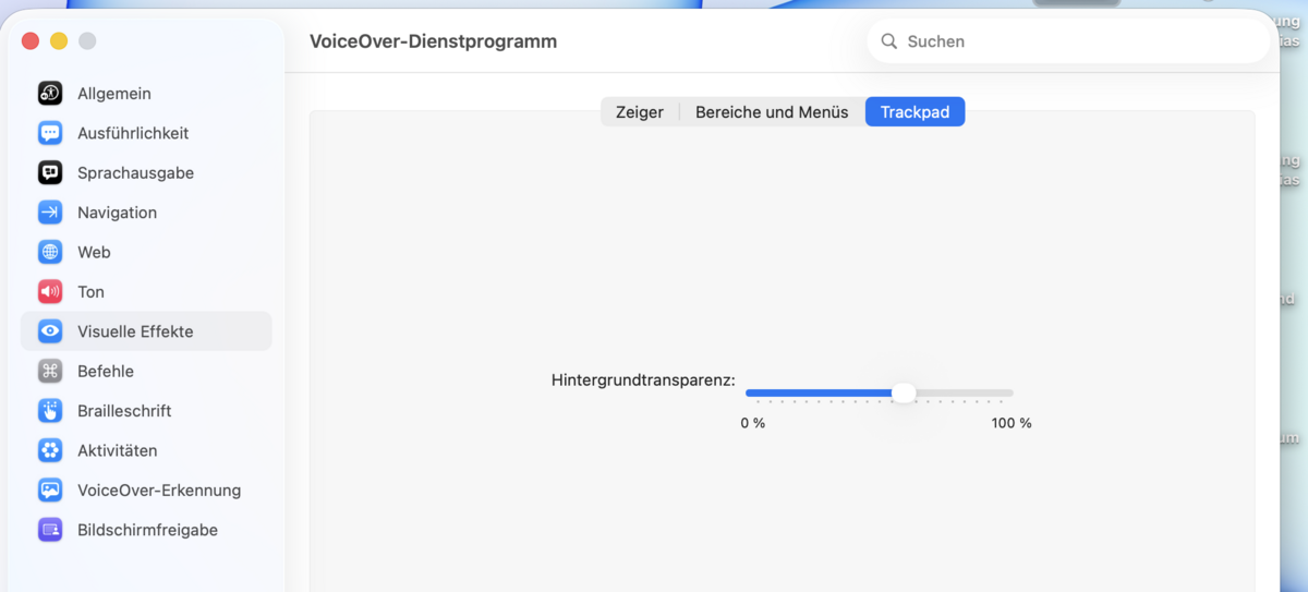Visuelle-Effekte-Unter-Reiter „Trackpad“ mit dem Schieberegler „Hintergrundtransparenz“.