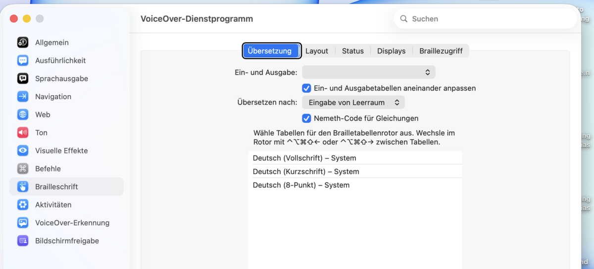 Brailleschrift-Unter-Reiter „Übersetzung“ mit Einblendmenüs, Nemeth-Code-Kontrollkästchen und einer Liste deutscher Brailletabellen.