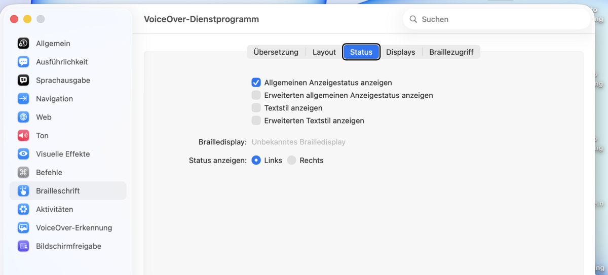 Brailleschrift-Unter-Reiter „Status“ mit Kontrollkästchen und der Auswahl der Statusseite links oder rechts.