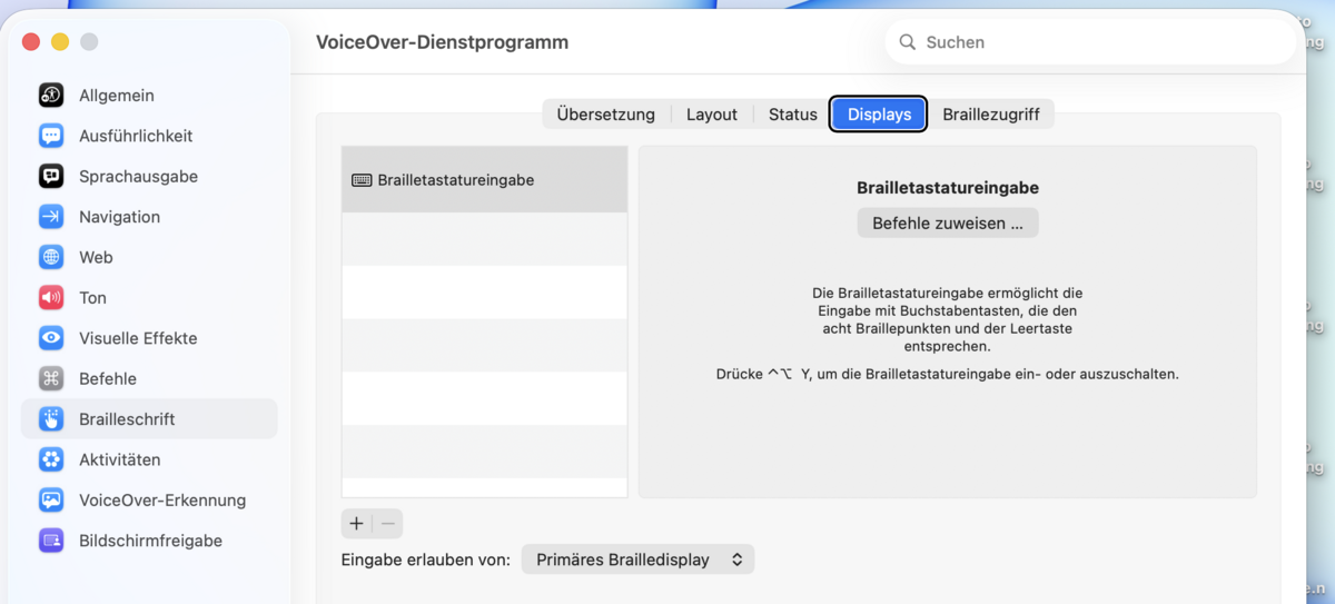 Brailleschrift-Unter-Reiter „Displays“ mit Brailletastatureingabe, Befehlszuweisung und einem Einblendmenü.