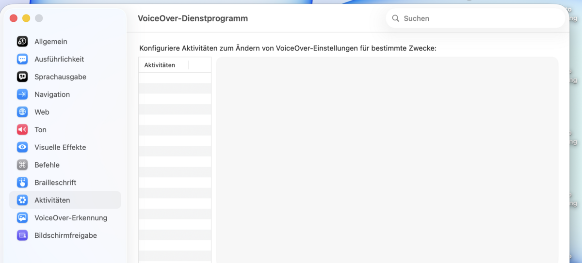Reiter „Aktivitäten“ mit einer noch leeren Liste zum Anlegen eigener Einstellungs-Sets.