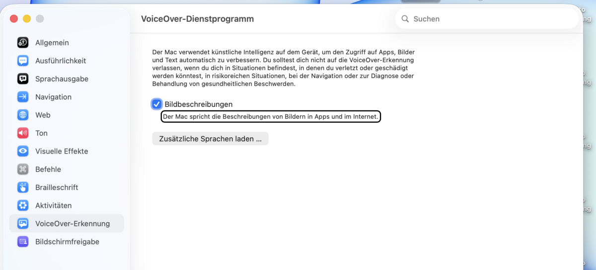 Reiter „VoiceOver-Erkennung“ mit dem Kontrollkästchen „Bildbeschreibungen“ und dem Knopf zum Laden zusätzlicher Sprachen.