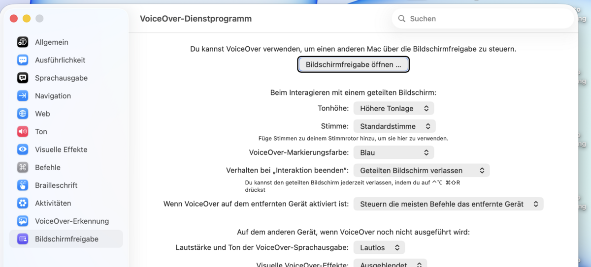Reiter „Bildschirmfreigabe“ mit dem Knopf „Bildschirmfreigabe öffnen“ und mehreren Einblendmenüs zum Verhalten am geteilten Bildschirm.