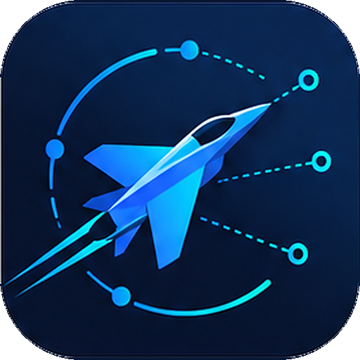 App-Icon von Düse: ein stilisierter blauer Jet mit Netzwerklinien auf dunkelblauem Grund